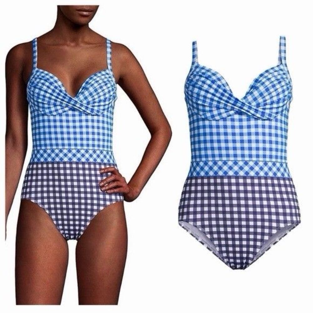 Draper James x Lands End Blue Gingham One Piece Swimsuit Underwire Size 12 D Cup